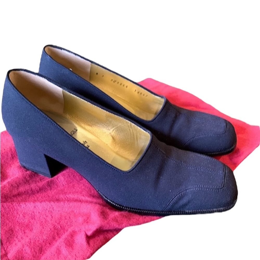Vintage 90s BRUNO MAGLI Navy Square Toe Chunky Block Heels & Shoe Dust Bag - 7 B
